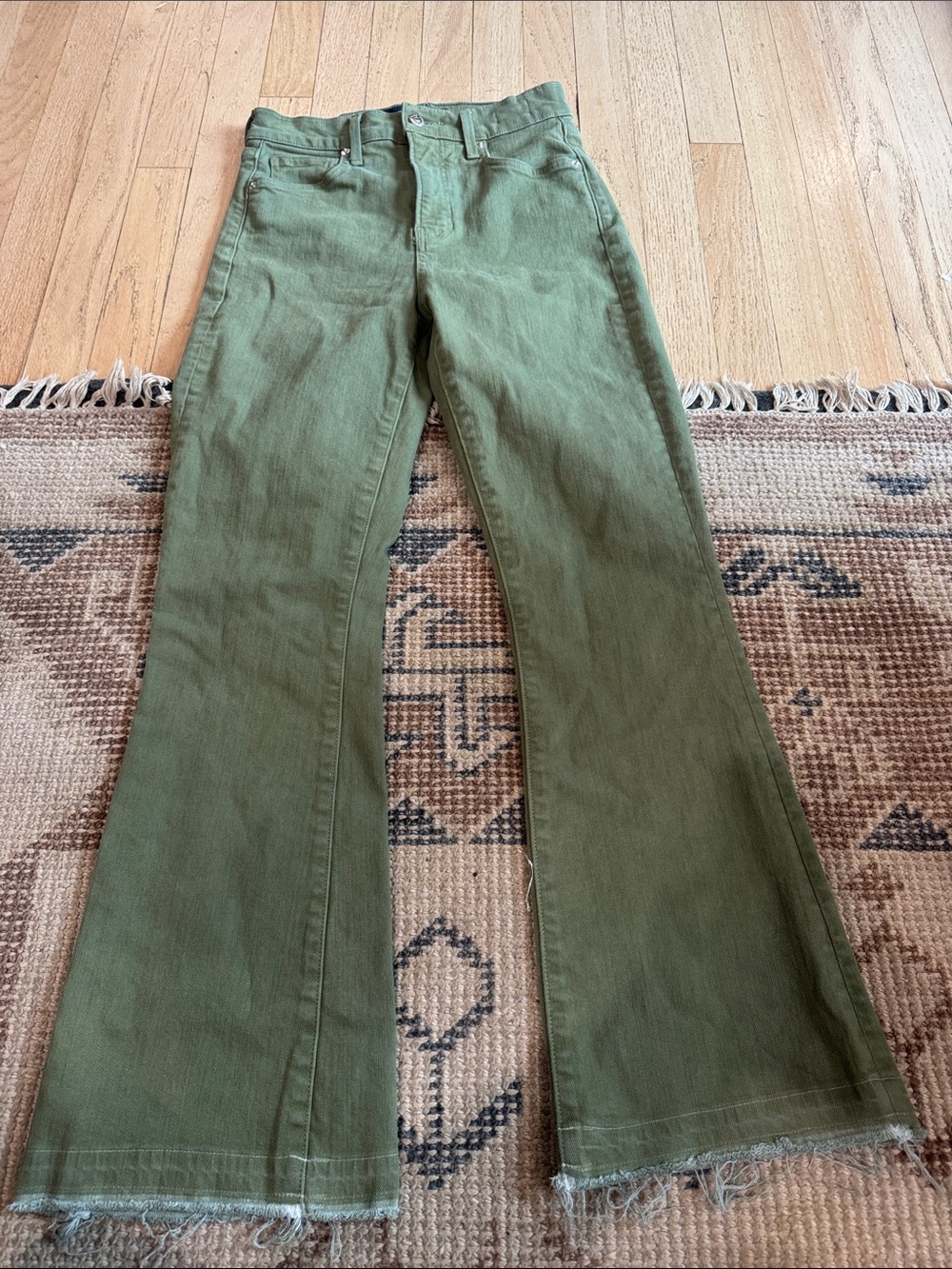 Veronica Beard Olive Green Flare Jeans Carson high rise raw edge flare